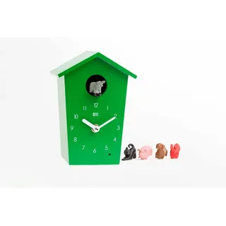 Kookoo AnimalHouse Grün, Moderne kleine Kuckucksuhr mit 5 Bauernhoftieren, Aufnahmen aus der Natur. Hat EIN freundliches und modernes Design.