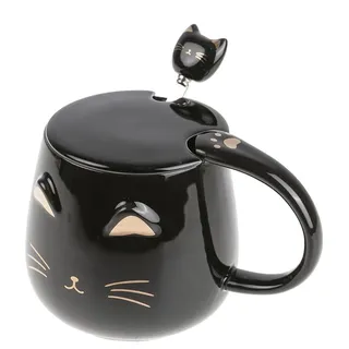 lachineuse - Kawaii Katzen-Tasse 450ml - Keramikbecher Katze mit Deckel & Löffel - Schwarz & Gold - Teetass, Kaffeetasse - Originaler Japanischer Becher - Geschenkset Japan Asien Süßes Kätzchen