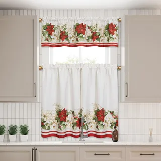 Elrene Home Fashions Rote und weiße Weihnachtssterne Elegant Urlaub Weihnachten Küche/Café und Bad Etagen und Volant, 3-teiliges Set