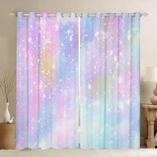 Feelyou Glitzer-Vorhänge für Mädchen, verdunkelnd, Kawaii-Galaxie, Pastellfarben, Kindervorhänge für Schlafzimmer, Regenbogenfarben, 30% - 50% Verdunkelung, bunt, glitzernd, Fensterbehandlungen für