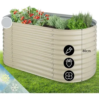 Blumfeldt Hochbeet aus Metall, Wetterfestes Stahlblech-Hochbeet für Balkon & Garten, Rostfreies Hochbeet Oval, Freistehende Hochbeete 160x80x80 cm, 804L Pflanzkübel Groß für Blumen, Obst, Gemüse - Beige