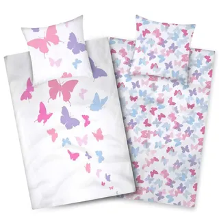 Aminata kids Bettwäsche Schmetterling 135x200 Mädchen Baumwolle Schmetterlinge lila bunt weiß | YKK Reißverschluss | Tier-Motiv Butterfly - Wende-Bettwäsche-Set