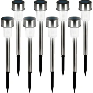 DEUBA® Solarlampe für Außen 8er Set LED Wetterfest IP44 Dämmerungssensor Erdspieß Edelstahl Weiß Solar Garten Leuchte Außenleuchte Balkon Deko