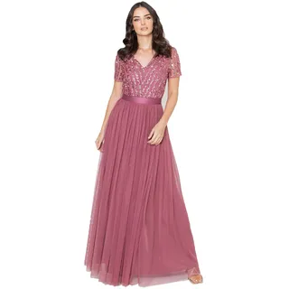 Maya Deluxe Damen Maya Deluxe Maxi Dress for Women Ladies Bridesmaid V-neck Plus Size Ball Gown Short Sleeves Long Ele Brautjungfernkleid, Desert Rose, 54 EU