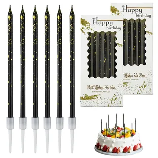 12 Stück Geburtstagskerzen Kuchen Schwarzes Gold, Dünn und Lang, Geruchsfrei, Ungiftig, Mit Ständer, für Dekorative Geburtstag Hochzeit Party, Geburtstagskerzen für Torte,Babyparty(Schwarzes Gold)