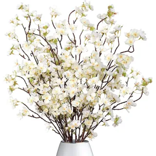 Dremisland 4 Stück Künstliche Kirschblüte Zweige Weiß Pfirsichblumen 100cm Gefälschte Kunstblumen Bulk Seidenblumen Kunstpflanzen Dekoblumen Lange Stiele für Hochzeit Tisch Vase Dekor
