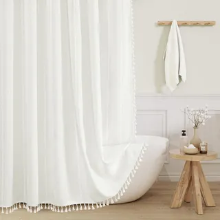 MitoVilla, Boho-Duschvorhang aus dickem Stoff, moderner Landhausstil, aus Baumwoll-Leinen, Vintage, ländliche Badezimmerdekoration, Landhausstil, Quastee, wasserdicht, 183 x 183 cm, beige