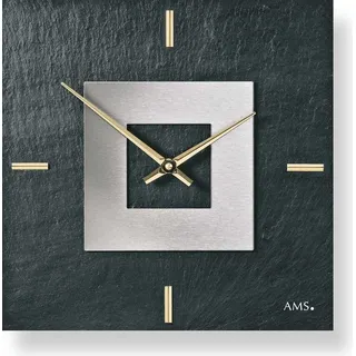 AMS 9525 Wanduhr Quarz Schiefer Naturschiefer mit Aluminium Schieferuhr - Schwarz, Gold, Silber