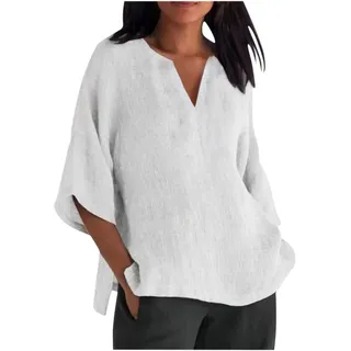 Lange Leinenbluse Damen Vintage Einfarbig Oversize Tshirt Baumwolle Leinen Bluse Sommer Tunika Shirt Langarm V-Ausschnitt T-Shirt Locker Blusenshirt Große Größen Pullover Tops Longbluse Hemd 5XL