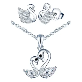 Yumilok Schmuckset für Damen Halskette & Ohrringe Set Liebe paar Schwan Kette Ohrstecker in 925 Sterling Silber Zirkonia