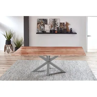 Esstisch Baumkante massiv Akazie natur 300 cm Spider-Gestell Silber QUINCY - Naturbelassen