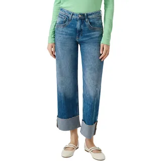 Bequeme Jeans S.OLIVER, Damen, Gr. 44, N-Gr, mid blau used, Denim/Jeans, Obermaterial: 99% Baumwolle, 1% Elasthan, unifarben, ausgestellt 7/8-Länge, Jeans Bequeme Jeans, mit Schlag und und Umschlag