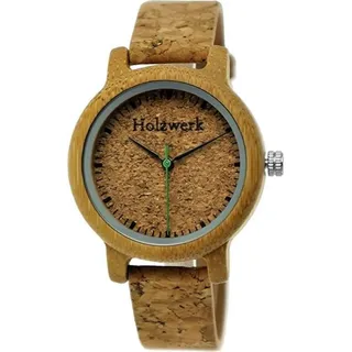 Holzwerk HILDEN kleine Damen Kork & Holz Uhr mit Leder Armband in beige