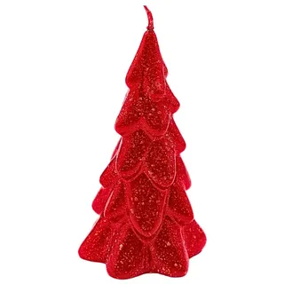 Dekohelden24 Hochwertige Kerze als Tannenbaum, Weihnachtskerze, Figurenkerze als Christbaum,Tannenbaumkerze in rot mit Glitter, handgemacht, Größe: H/Ø ca. 15 x 8 cm.