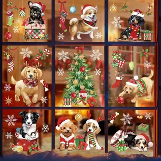 wondever Fenstersticker Weihnachten Welpen Haustiere Fenster Aufkleber Weihnachten Hunde Weihnachtsbaum Fensterbilder Fensteraufkleber Anti-Kollision Doppelseitig Glasaufkleber Weihnachten Deko
