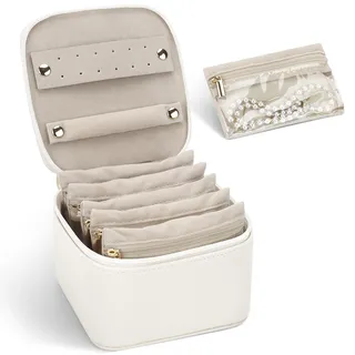 DesignSter Schmuckkästchen Klein Reise, Klein PU-Leder Tragbarer Schmuckschatulle mit 6 transparenten Schmuckbeutel aus Samt, Schmuckaufbewahrung für Ohrringe Ringe Armbänder, Beige