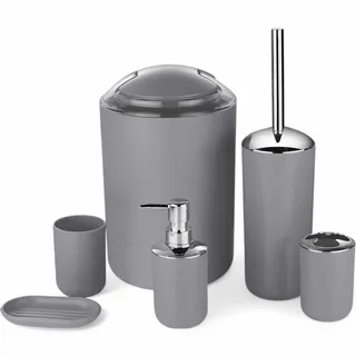 6tlg Badset Badezimmer Zubehör Set Organizer: Seifenspender, Zahnputzbecher, Kosmetikeimer, WC Bürste und Halter, Seifenschale, Mülleimer, Zahnbürstenhalter, Badgarnitur (Grau Design 3)