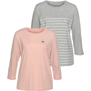 3/4-Arm-Shirt TOM TAILOR, Damen, Gr. XS (32), rosa (puderrosa, hellgrau, geringelt), Jersey, Obermaterial: 100% Baumwolle, gerade hüftlang, Rundhals, abgesteppte Kante, Shirts 3/4-Arm-Shirt, im Doppel - immer Ringel + uni