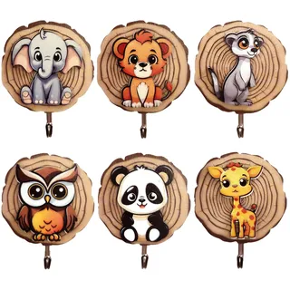 Yezirzax 6 Stück Kindergarderobe, Kleiderhaken für Kinder in Tierform, Selbstklebender Haken, Wandhaken Holz Ohne Bohren, Garderoben Kinderzimmer Deco Geschenk