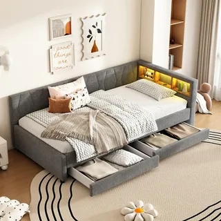 okwish Schlafsofa Tagesbett 90*200cm, Daybett- Ablagefach, USB+Typ C für LED-Umgebungslicht, Bett mit zwei Schubladen,(ohne Matratze), Grau - Grau