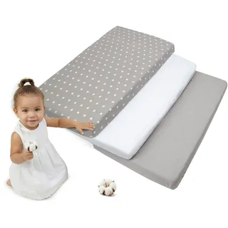 Medi Partners Spannbettlaken 60x120 3-Pack Baby Bettlaken Kinderbett Spannbetttuch 100% Baumwolle - Fitted Kinder Sheet Bettwäsche Babymatratze Schlafsack Babybett (Weiße Sterne-Weiß-Graue)