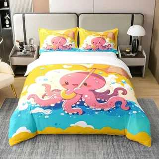 Cartoon Rosa Octopus 100% Bio-Baumwolle Bettbezug für Kinder Teens,Nette Ozean Tier Tröster Abdeckung 135x200,Gelbe Sonnenschirm Bettwäsche Set,Blaues Meer Bettbezug