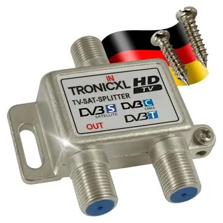 TronicXL Premium Antennenverteiler 2-Fach Verteiler Weiche Splitter F-Buchse zb für DVBT DVBC SAT Splitter Unicable Kabelfernsehen Unitymedia Vodafone Sky Primacom Kabelfernseh Digital HD 3D 4K