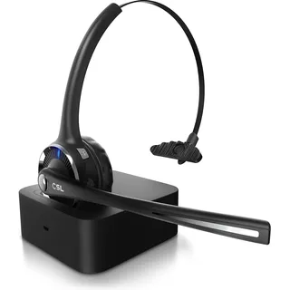 CSL - Bluetooth 5.0 Headset mit Ladestation - PC Headset mit flexiblem Mikrofon - Multipoint - kabellos - leicht - freisprechen - für Auto und LKW Computer Call Center Handys