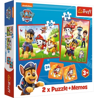 Trefl 93337 3 in 1: 2X Memory-Spiel, Puzzles mit Märchenfiguren, 30 und 48 Elemente, Verschiedene Schwierigkeitsgrade, 24 Memos, Spaß für Kinder ab 3 Jahren, PAW Patrol, Hundeteam in Aktion