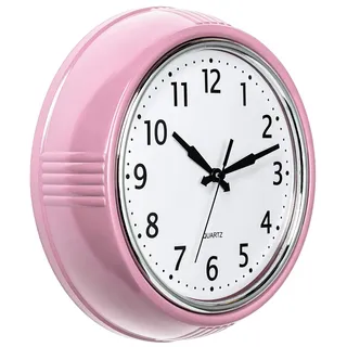 Bernhard Products Retro-Wanduhr, 24,1 cm, Rosa, Küche, 50er-Jahre, Vintage-Design, rund, leise, Nicht tickend, batteriebetrieben, Qualitätsquarz, für Zuhause, Büro, Baby, Kinderzimmer, Mädchenzimmer,