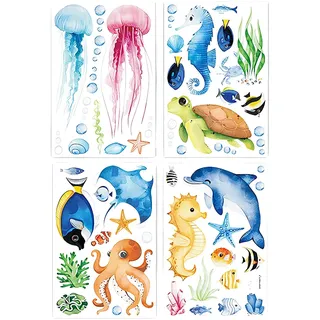 52 pcs Wandaufkleber Unterwasserwelt Deko Wandtattoo Abziehen Fliesenaufkleber Bad 8 Blatt Fensterbilder Kinderzimmer Wandtattoo Meerestiere Schildkröten Fensteraufkleber Quallen Meeresfische Wanddeko