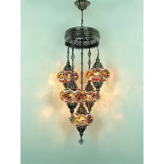 5-flammige türkische Hängelampe aus Mosaikglas in Multicolor – orientalische Deckenleuchte mit 5 bunten Glaskugeln - Bunt