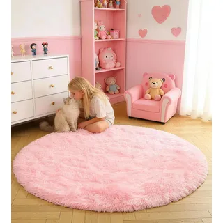 VOFUSHON Teppich Rund 150 cm Rosa Waschbar Rutschfester Hochflor Runder Teppich Wohnzimmer Weich Flauschig Rug