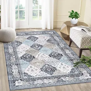 Auton Boho-Teppiche, Waschbare Teppiche für Wohnzimmer Rutschfester dünner Überwurf Teppich für Esszimmertisch Teppich mit Blumendruck im Used-Look für Schlafzimmer Küche Büro, Blau 120 x 170 cm