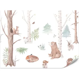 Muralo Fototapete für Kinderzimmer Wilde Waldtiere Aquarell Bäume 200x140 , Grün, Orange, Braun, Weiß, Grau , Papier , Baum/Pflanze/Natur, Märchen/ Fantasie , Rechteckig , 200x140 cm ,