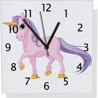Wallario Design Wanduhr Einhorn in rosa mit Schweif in lila aus Aluverbund, Größe 30 x 30 cm - Weiß