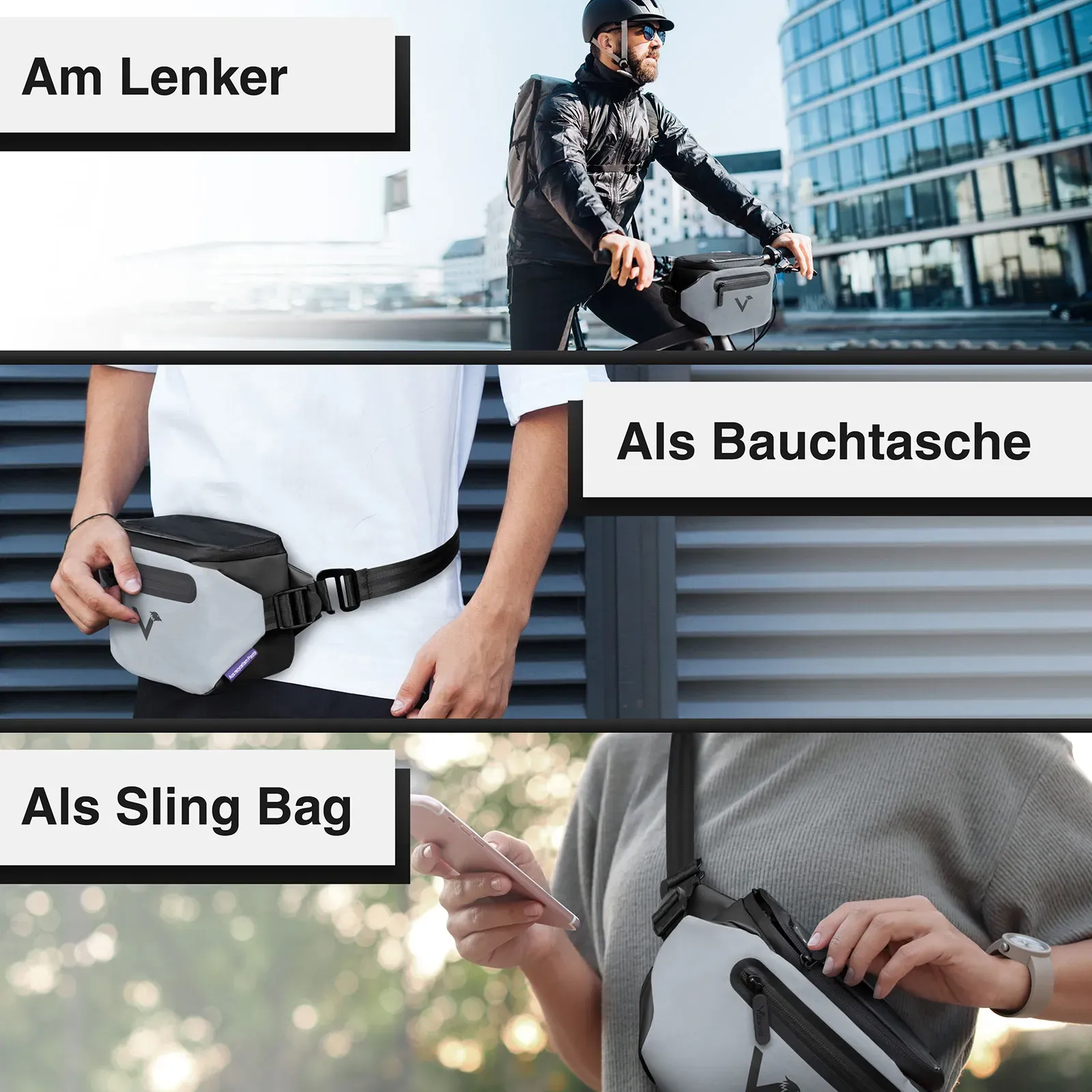 Bild von 3in1 City Bag Multifunktionale & reflektierende Lenkertasche - Bauchgurttasche