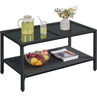 Yaheetech Poly-Rattan Gartentisch Kaffeetisch Terrassentisch, Beistelltisch Couchtisch Balkontisch mit Ablage & Platte für Indoors/Outdoors, Schwarz