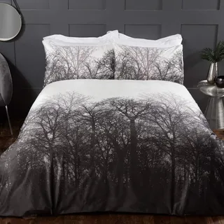 Sleepdown Bettbezug-Set mit Kissenbezügen, Motiv Winterwald, Bäume, weich, warm, gemütlich, Samt, Weiß, Anthrazit, 220 x 230 cm, Polyester, King Size