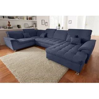 DOMO collection Wohnlandschaft »Franzi optional mit Bettfunktion, Bettkasten & Kopfteilverstellung« U-Form, Recamiere rechts, marine, B/T: 344/206 cm, blau