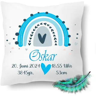 Personalisiertes bedrucktes Geburtskissen mit Namen und Geburtsdaten für Jungen & Mädchen inkl. Füllung 40x40cm | Babykissen| Geschenke zur Geburt, Taufe,Regenbogen (Jungen, ohne Kissenfüllung)