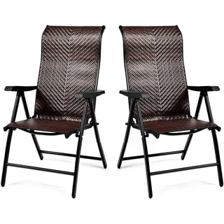 Rattan Gartenstuhl 2er Set, Klappbare Balkonstühle mit Rückenlehne und Armlehnen, 5-stufig verstellbare Klappstühle, Korbstühle mit Eisenrahmen für Garten, Balkon, Pool, Terrasse