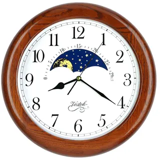JUSTIME Exklusive Wanduhr aus massivem Eichenholz, Nicht tickend, mechanisch, spezielle Mondphase, bewegliches Zifferblatt, Wanduhr, Geschenk, Heimdekoration (TCWS712-MD-dunkle Eiche)