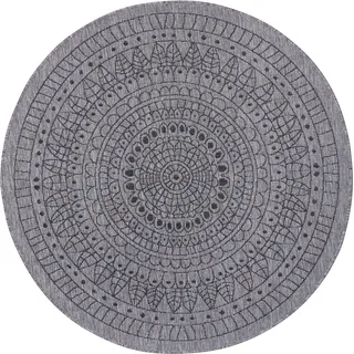 Northrugs Porto Wendeteppich Wasserfest Mandala Design Flachgewebe Teppich Wetterfest, Balkon, Garten, Wohnzimmer, in Night Silber, ⌀140cm