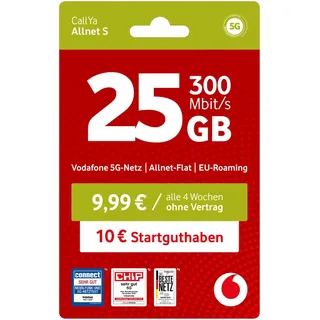Vodafone Prepaid CallYa S | 25 GB | 10 EUR Startguthaben | ohne Vertrag | 5G | Allnet Flat | EU-Roaming | Weltweit nutzbar