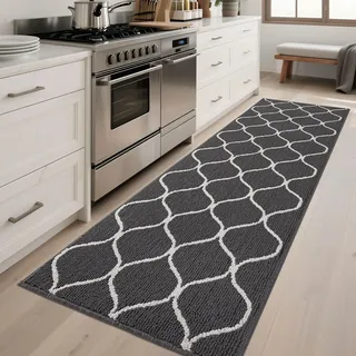 COSY HOMEER Küchenteppich rutschfest 60 x 180 cm, Grau | Küchenläufer mit marokkanischem Rautenmuster, rutschfest, waschbar, schmutzabweisend, 100% Polypropylen, für Flur und Eingang