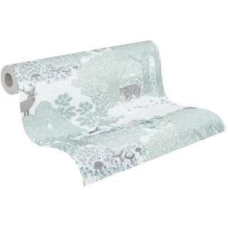 A.S. Création Kinderzimmer-Tapete Lilly & Luis - Strapazierfähige Vliestapete in Wald-Optik - 10,05 m x 0,53 m - Braun, Grün, Weiß - Made in Germany – 771331