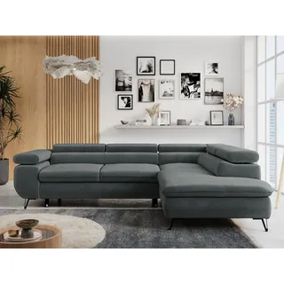 MKS Meble Ecksofa Sofa Grau, Wohnlandschaft L-Form mit Schlaffunktion und Bettkasten, Schlafsofa mit Bettkasten, Sofa mit Einstellbare Kopfstützen, Peter L ... Dunkelgrau