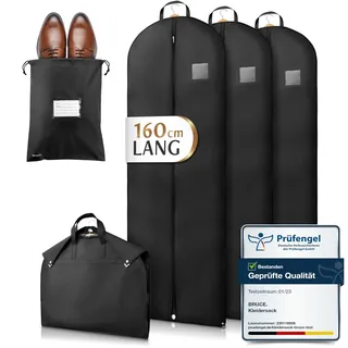 Bruce.® 3x Kleidersack Lang 160x60 cm inkl. 1x Schuhbeutel – 120 GSM Premium Kleiderhülle für Abendkleid, Robe & Trachten - Atmungsaktive Schutzhülle für Reisen & Kleiderschrank - Schwarz