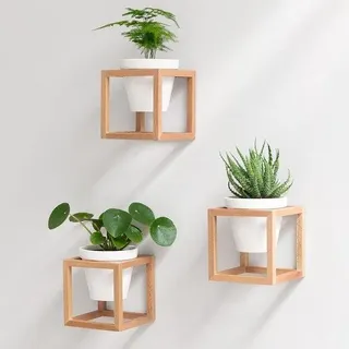 Massivholz und Keramik Blumenwanderät - Naturtonfarbe - 2-teilige Pflanzkomposition - Hangende Blumenvasen